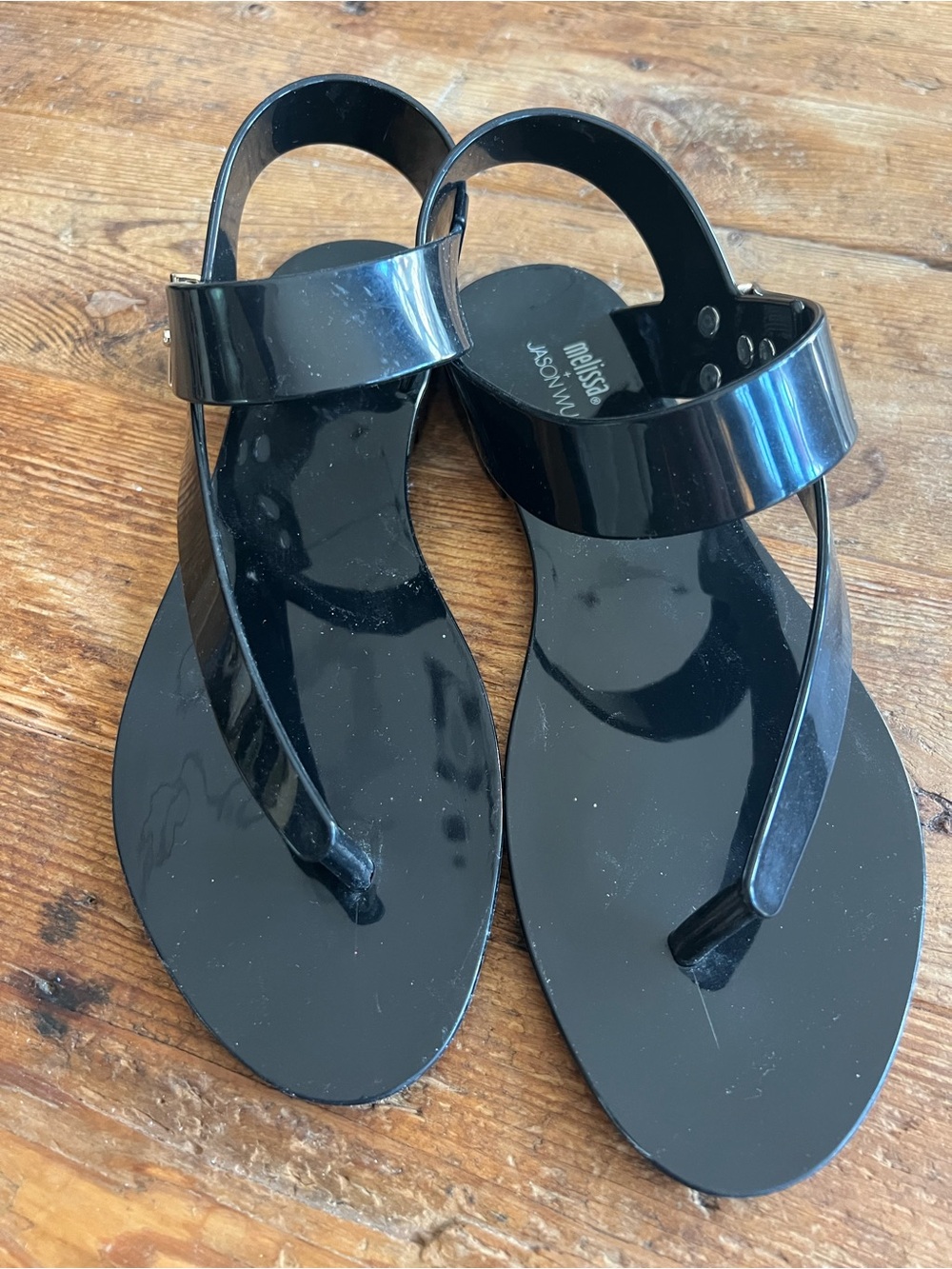 Melissa Black Glossy Jelly Thong Sandals with Ankle Strap